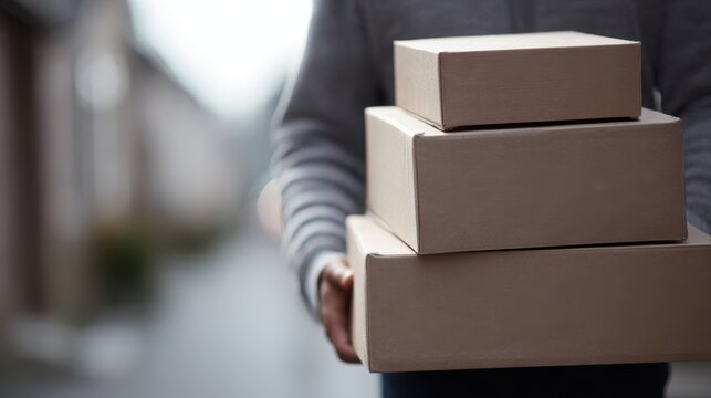 delivery worker carrying stack of cardboard boxes in residential neighborhood