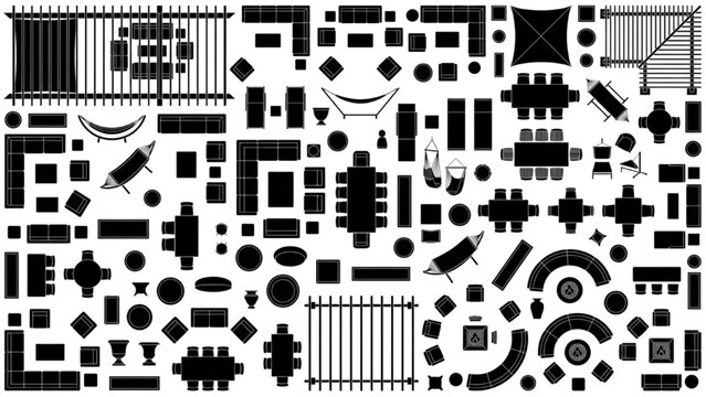 Landscape Site Furniture Top View CAD Collection with Pergolas Seating Layouts and Planning Elements