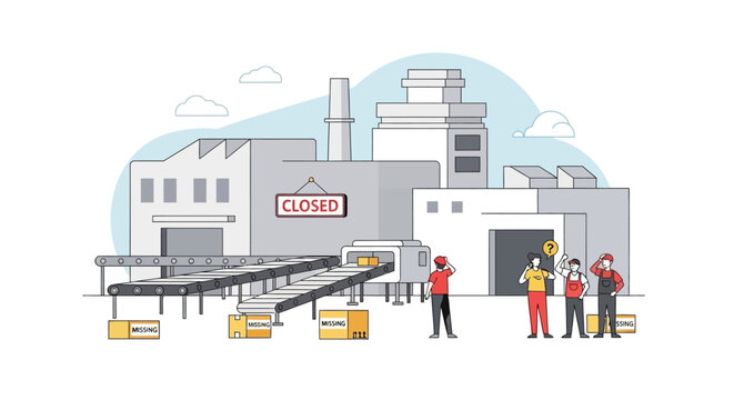 Closed Factory Illustration with Unemployed Workers and Missing Goods - Concept of Economic Crisis and Supply Chain Disruption