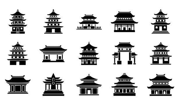 Asian Temple and Pagoda Silhouette Collection with Traditional Architecture Icons