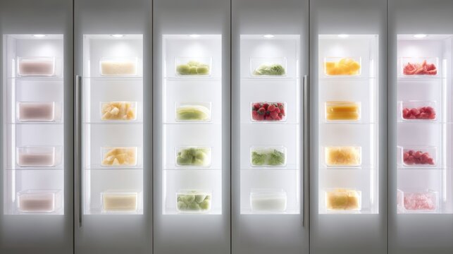 transparent smart fridge doors displaying organized healthy food with digital inventory system