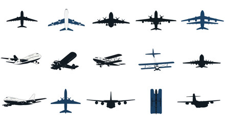 Collection of Airplane Silhouettes: Modern Jets and Vintage Biplanes © cicok