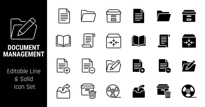 Document Management Line and Solid Icon Set with Editable Stroke
