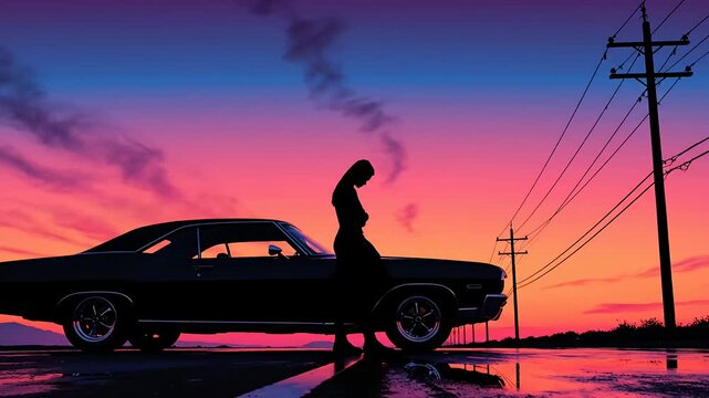 Silhouette of a person relaxing on a classic car at sunset