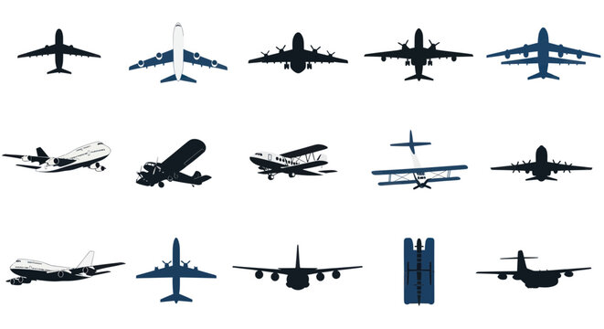 Collection of Airplane Silhouettes: Modern Jets and Vintage Biplanes