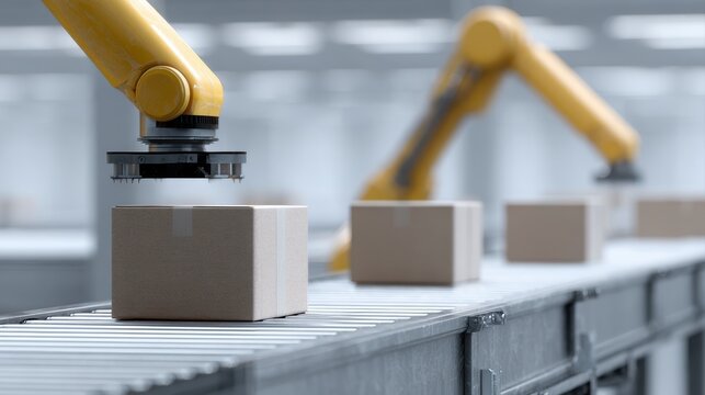 3d robotic arms sorting and stacking cardboard boxes in automated warehouse environment