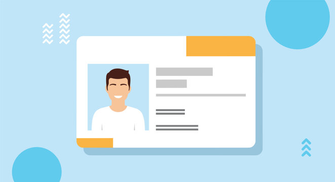 Identification card template featuring a male portrait with blue background circles and geometric shapes for professional credentials.