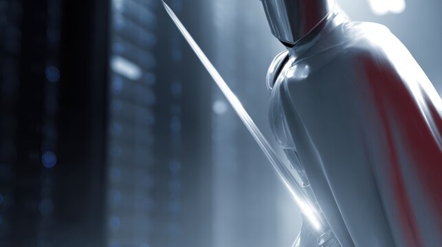 cyber security knight with glowing sword and shield protecting data servers fantasy tech concept
