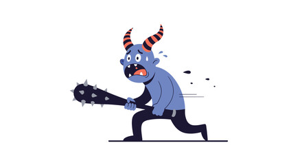 Fototapeta premium Scared blue monster running quickly while holding a spiked wooden club and looking back with a terrified facial expression.