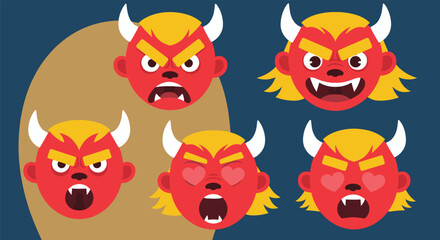 Fototapeta premium Set of five red Japanese demon heads with varying facial expressions ranging from angry and shouting to romantic heart eyes.