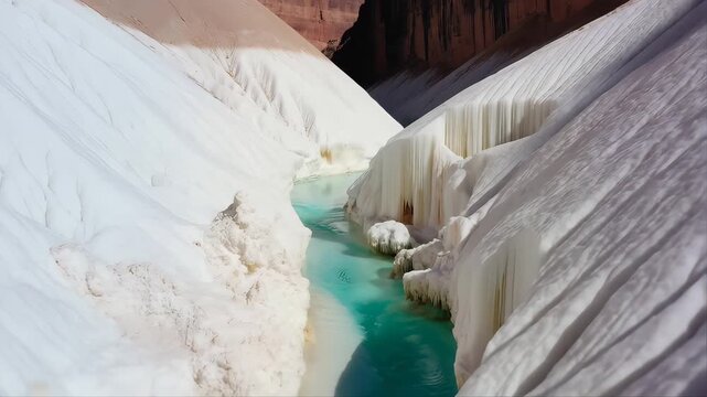Canyon carved into solid white salt with turquoise river channel and dramatic towering walls under bright daylight