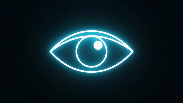 Futuristic neon glowing eye icon animation blinking on a dark background representing cybersecurity and vision
