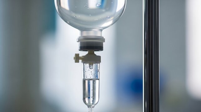 Close up view of intravenous drip chamber with saline solution hanging in hospital ward room background for medical treatment and healthcare patient care concept with focus on flow.