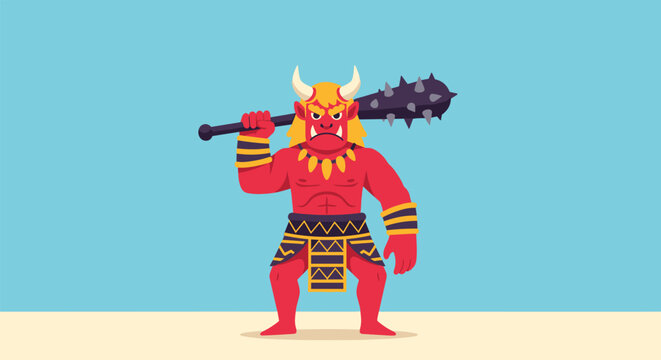 Fierce red demon known as an Oni stands with a menacing expression while holding a heavy spiked club weapon called a kanabo in a desert.