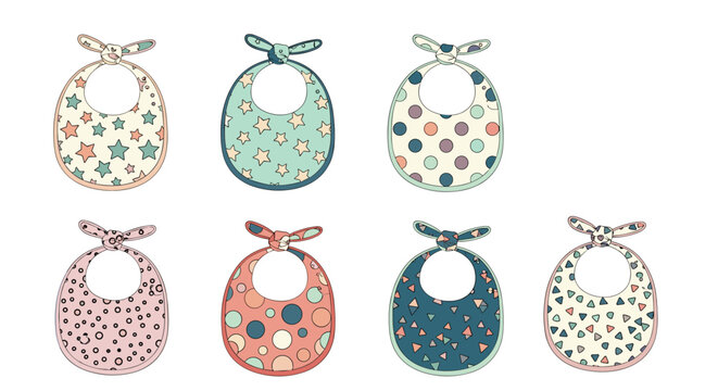 Large set of colorful baby bibs featuring various fun patterns like stars polka dots and animal prints arranged on a clean white background.