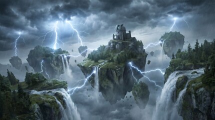 Fototapeta premium Dark Gothic Castle on Rocky Island with Lightning Storm and Waterfalls, Fantasy Landscape AI Art