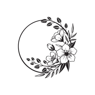 Elegant Floral Circle Frame with Hand Drawn Cherry Blossom Flowers Buds and Botanical Leaves &ndash; Black Outline Round Wreath Vector Illustration for Wedding Invitation, Bridal Card, Luxury Logo Design
