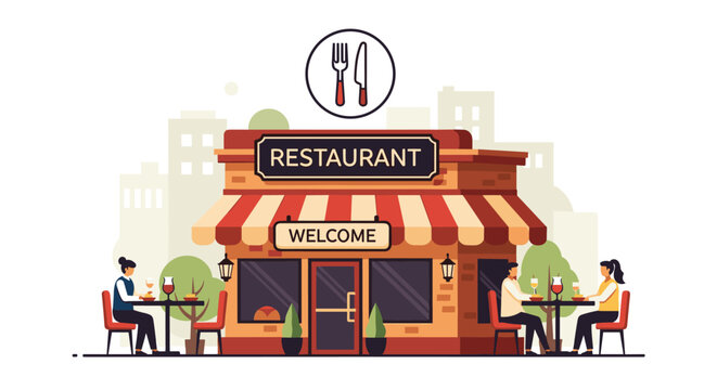 Group of people enjoy fine dining at outdoor tables in front of a charming red brick restaurant with a classic striped awning.