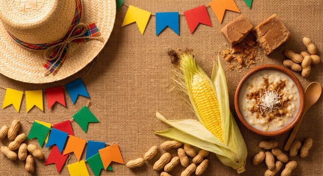 Brazilian Festa Junina Flat Lay with Corn Peanuts Bunting Flags and Straw Hat