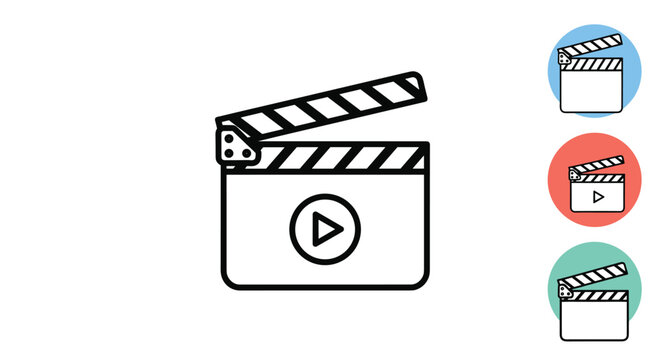Black outline movie clapperboard icon with a play button is displayed next to three smaller colorful circular variations.