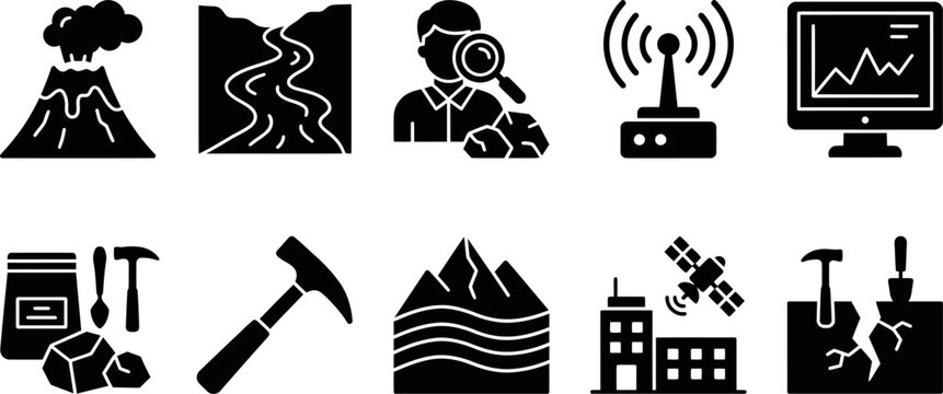 Black silhouettes of geology mining and technology icons on white background
