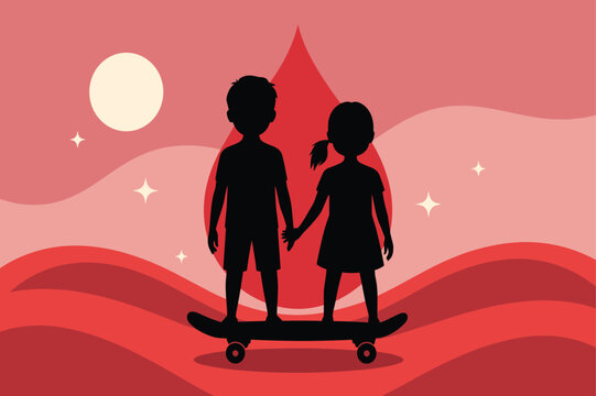 Silhouette of boy and girl standing on skateboard in front of large red drop graphic