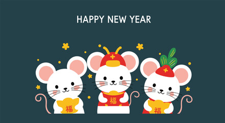 Fototapeta premium Group of three white mice wearing traditional Chinese costumes and holding gold ingots to celebrate the lunar happy new year of the rat.