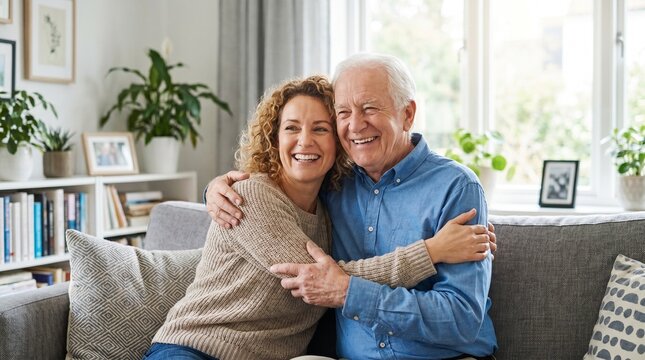 A heartwarming lifestyle photograph of a smiling adult daughter hugging her happy elderly father on a living room sofa, showcasing a loving family bond and senior care concept.