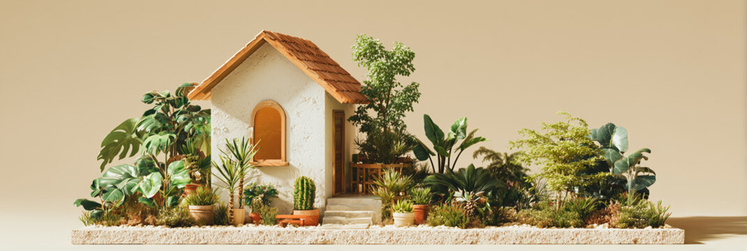 Compact house with lush garden and green plants