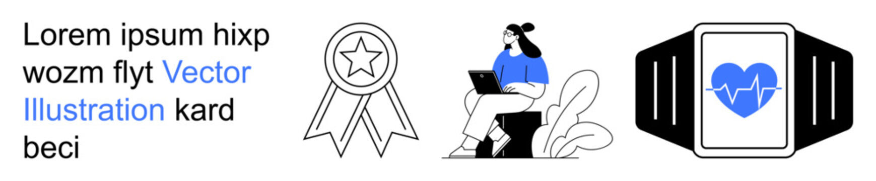 Health tracking, fitness motivation, goal achievement, productivity tools, wearable tech, remote work. Includes smartwatch with heart monitor, badge and seated person working. Health tracking