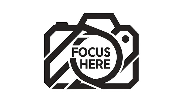 Black geometric camera with the text focus here isolated on a transparent background