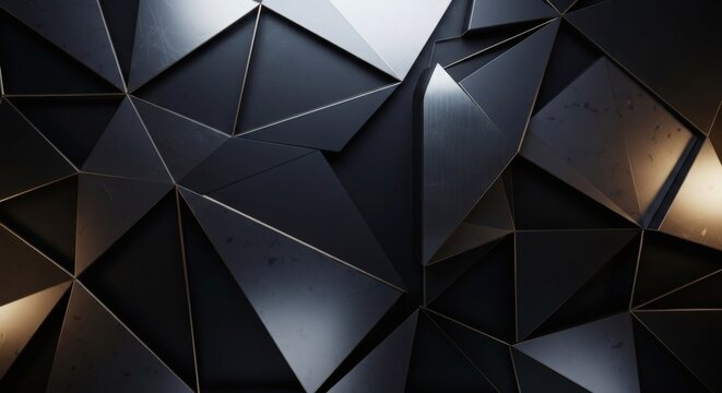 Captivating dark geometric background featuring sharp metallic facets and dynamic light reflections, creating an abstract polygonal texture for modern design projects