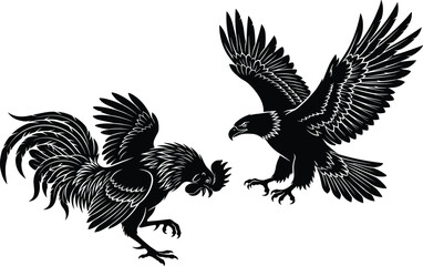 Detailed Black Silhouette Vector Illustration of a Battle Between a Rooster and an Eagle with Extended Wings for Logos and Graphic Designs © Rakib