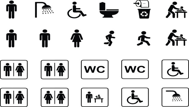 WC icon set. Toilet, restroom, man and woman, bathroom, disabled, dumpster, toilet paper, infant - stock vector..eps