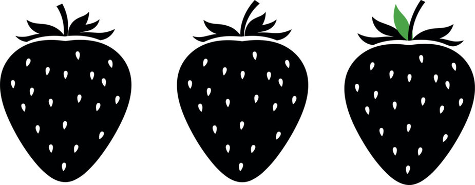 Strawberry Silhouette Vector Set with Fresh Berry Icon Elements Detailed Seeds and a Green Leaf Accent for Organic Food Logos and Garden Packaging Designs