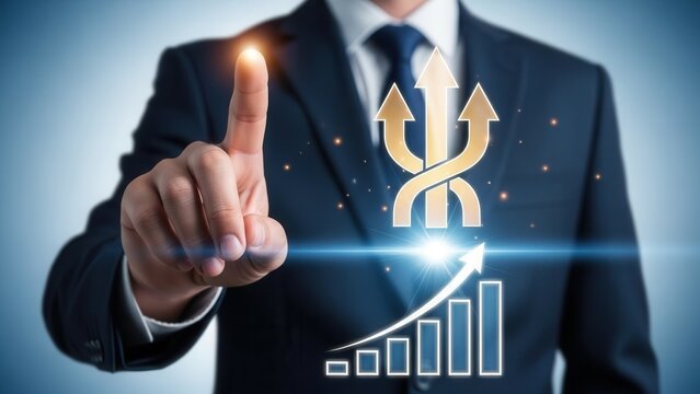 Businessman in a dark suit pointing at a glowing digital interface with a triple arrow and a rising bar chart graph, blue background