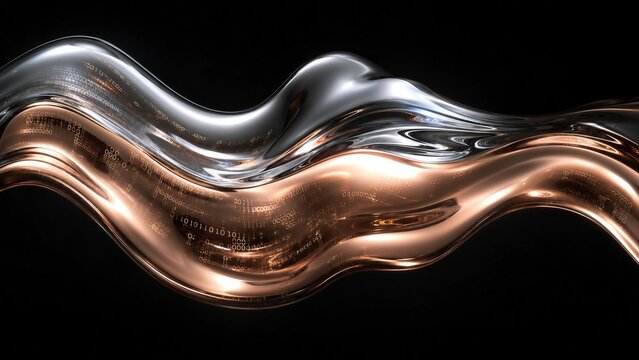 High-end luxury fintech aesthetic featuring liquid mercury textures in rose gold and platinum. Reflective digital code on an obsidian background with plenty of copy space