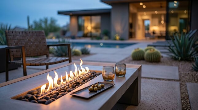 Luxury backyard patio with modern fire pit table and swimming pool at twilight.