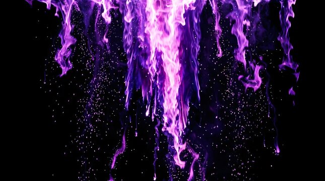 Abstract background, of vibrant purple, fire flames and, glowing particles falling, downwards against a, solid black background, with intense light, streaks and smoke effects