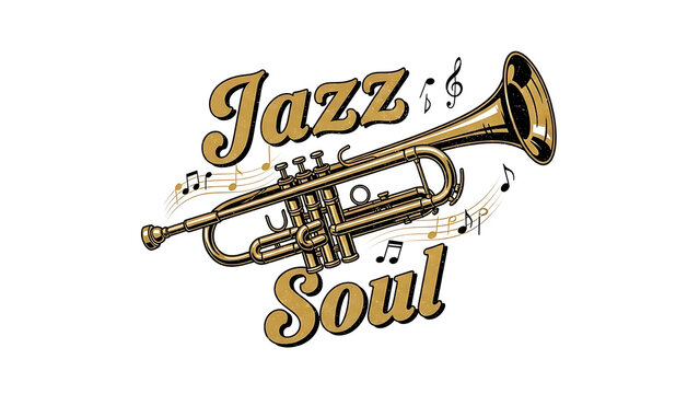 Golden trumpet instrument with jazz soul text and music notes isolated on a transparent background