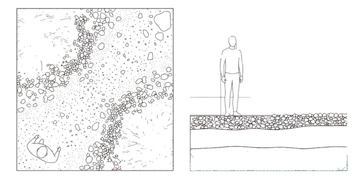 Architectural landscape plan and section vector, gravel path with stone texture detail, human scale figure for urban design and garden planning