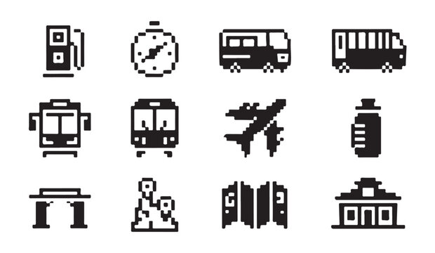 Pixel style transportation and logistics icons for travel and urban infrastructure maps.
