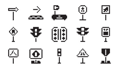 Pixelated traffic and road signs icons collection for urban navigation and safety themes. © parul