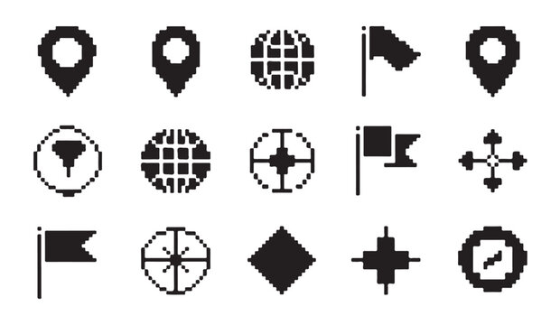 Pixel art symbols for navigation and location featuring maps flags and compasses.