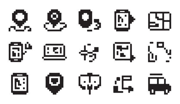 Pixel art map location markers and navigation interface icons for mobile app development.