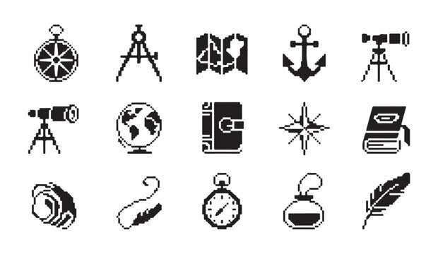Pixel art travel and adventure icons set for navigation mapping exploration game assets.