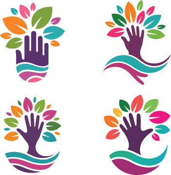 Set of abstract vector logos featuring a human hand with colorful leaves representing nature, growth, and community care