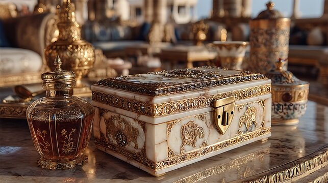 Luxury Marble Jewelry Box On Dark Table High Resolution Picture
