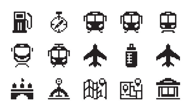 Transportation and travel pixel art icons set featuring public transit planes and maps.