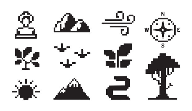 Pixel art nature and landscape icon set for digital interface design or mobile game assets.